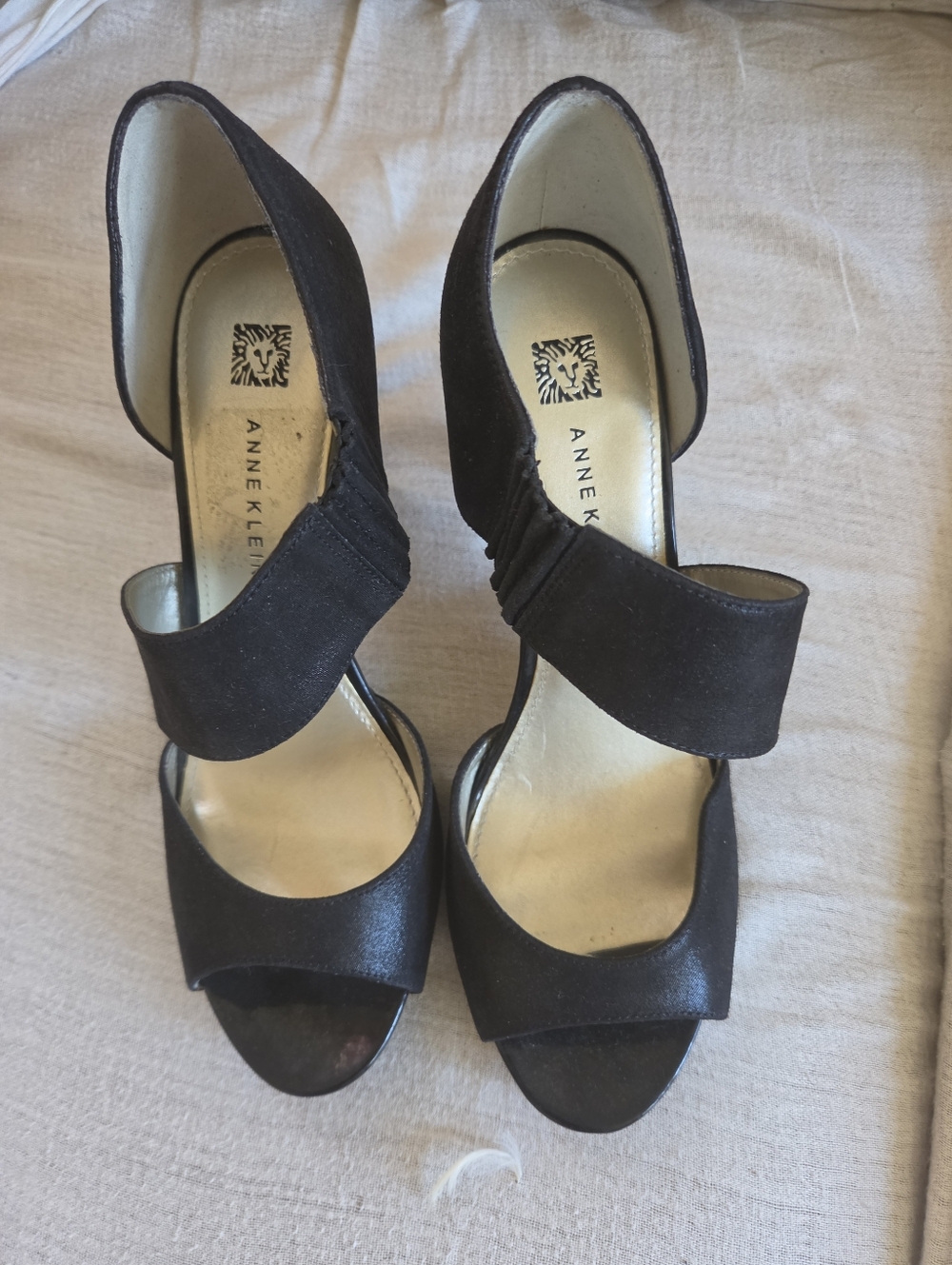 Anne Klein Black Suede Cross-Strap Open-Toe Heels 3.5inches